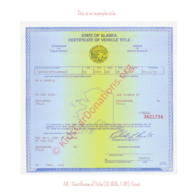 Alaska Certificate of Title (12-835, 1-91): Front | Kids Car Donations